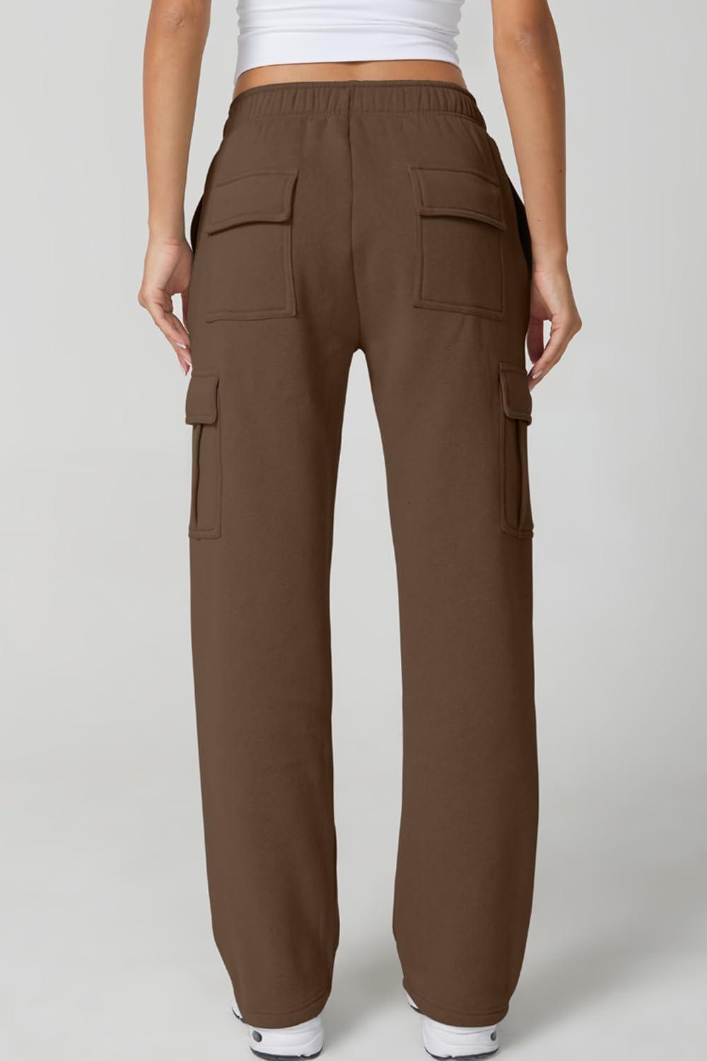 imageQINSEN Womens Medium Waist Baggy Elastic Waist Sweatpants Casual Fleece Long Pants with PocketsChestnut