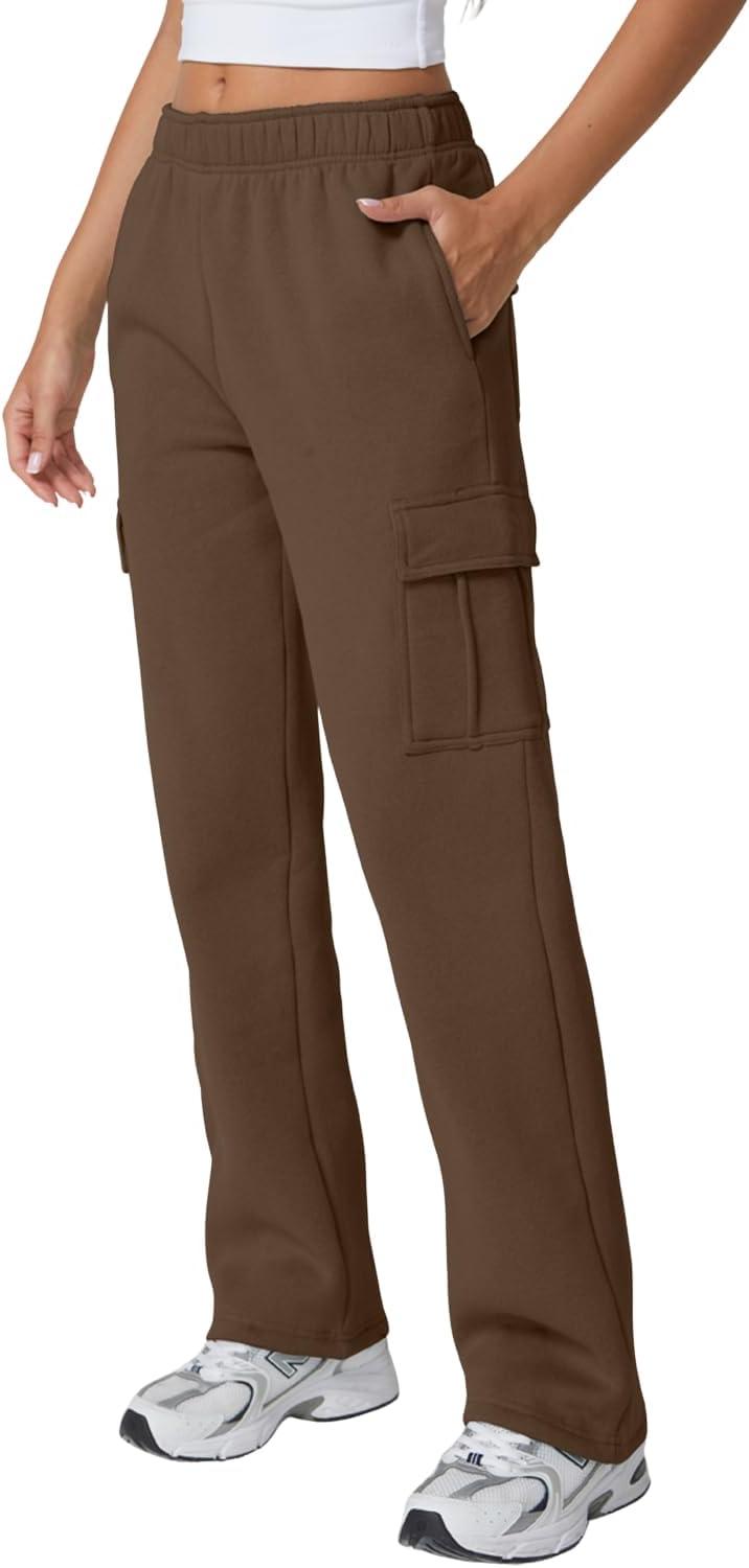 imageQINSEN Womens Medium Waist Baggy Elastic Waist Sweatpants Casual Fleece Long Pants with PocketsChestnut