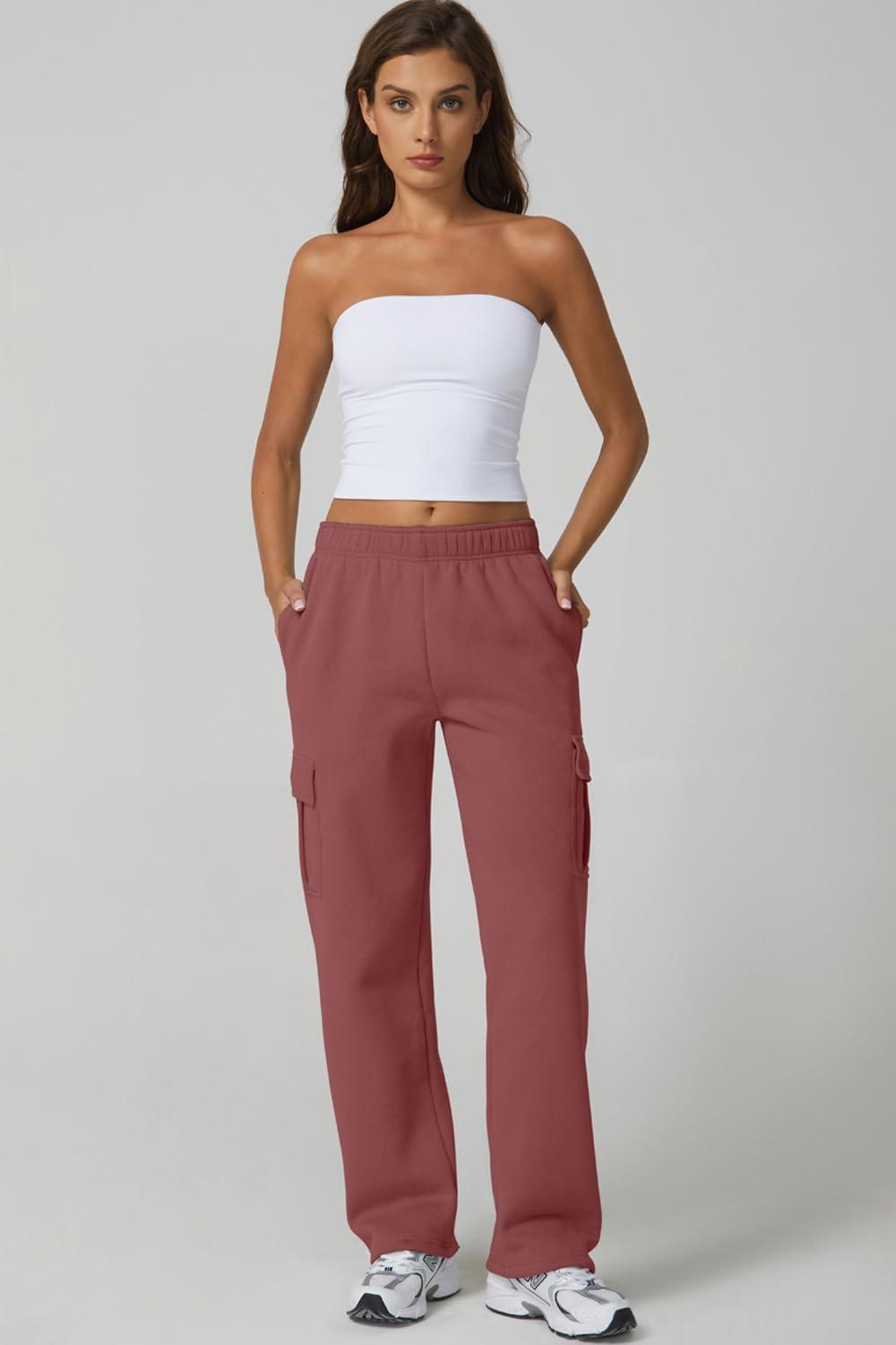 imageQINSEN Womens Medium Waist Baggy Elastic Waist Sweatpants Casual Fleece Long Pants with PocketsDusty Rose