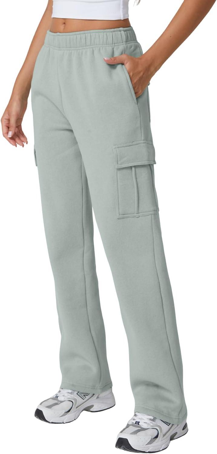 imageQINSEN Womens Medium Waist Baggy Elastic Waist Sweatpants Casual Fleece Long Pants with PocketsFrosty Green