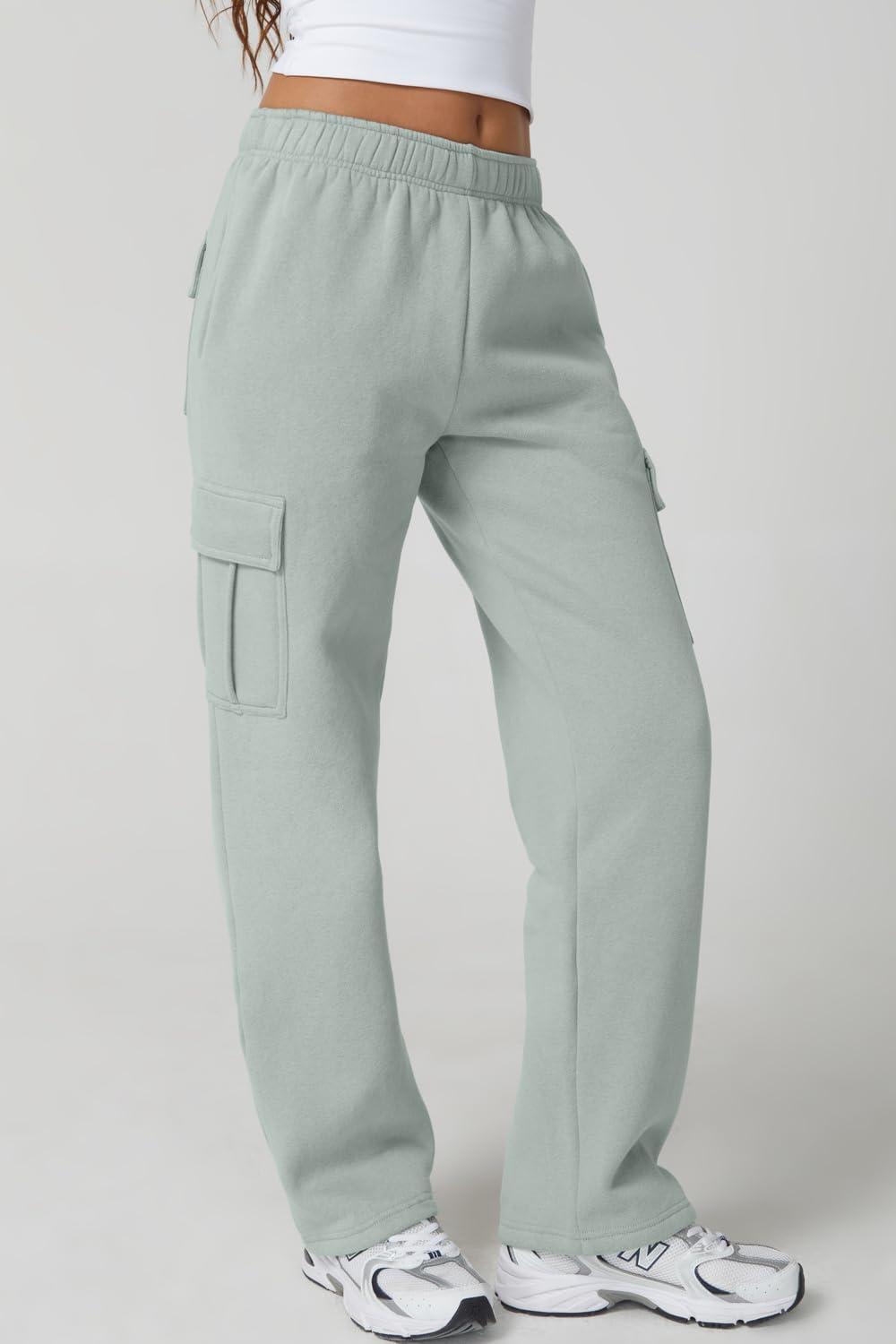 imageQINSEN Womens Medium Waist Baggy Elastic Waist Sweatpants Casual Fleece Long Pants with PocketsFrosty Green