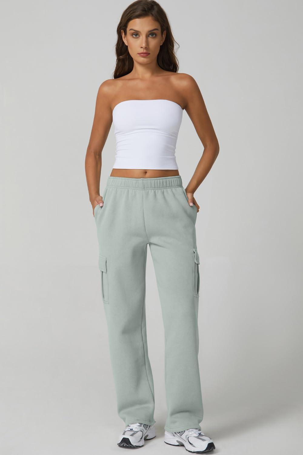 imageQINSEN Womens Medium Waist Baggy Elastic Waist Sweatpants Casual Fleece Long Pants with PocketsFrosty Green