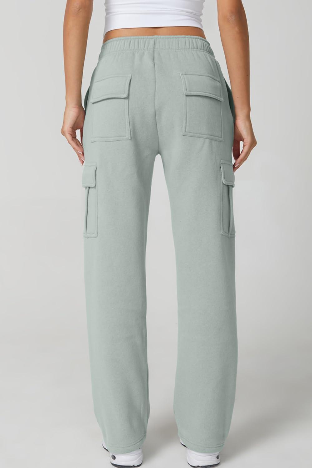 imageQINSEN Womens Medium Waist Baggy Elastic Waist Sweatpants Casual Fleece Long Pants with PocketsFrosty Green