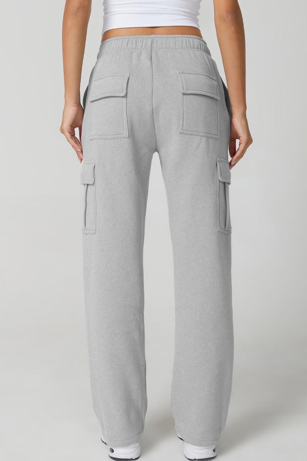 imageQINSEN Womens Medium Waist Baggy Elastic Waist Sweatpants Casual Fleece Long Pants with PocketsGrey