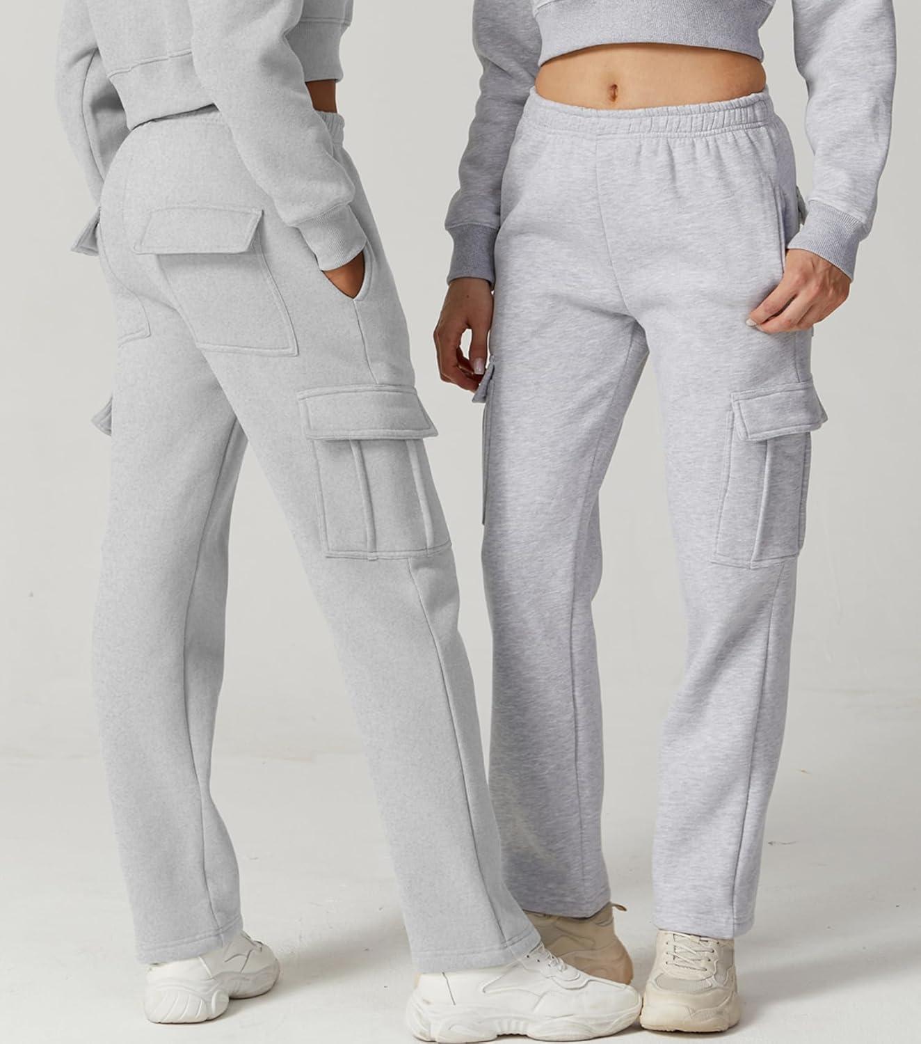 imageQINSEN Womens Medium Waist Baggy Elastic Waist Sweatpants Casual Fleece Long Pants with PocketsGrey