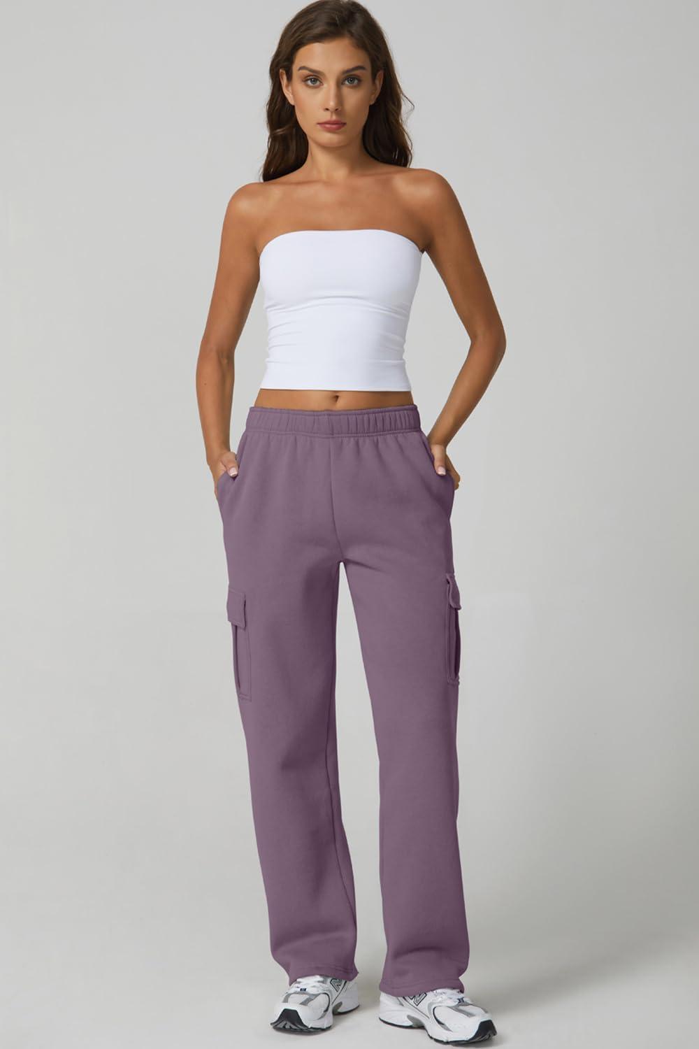 imageQINSEN Womens Medium Waist Baggy Elastic Waist Sweatpants Casual Fleece Long Pants with PocketsLavender