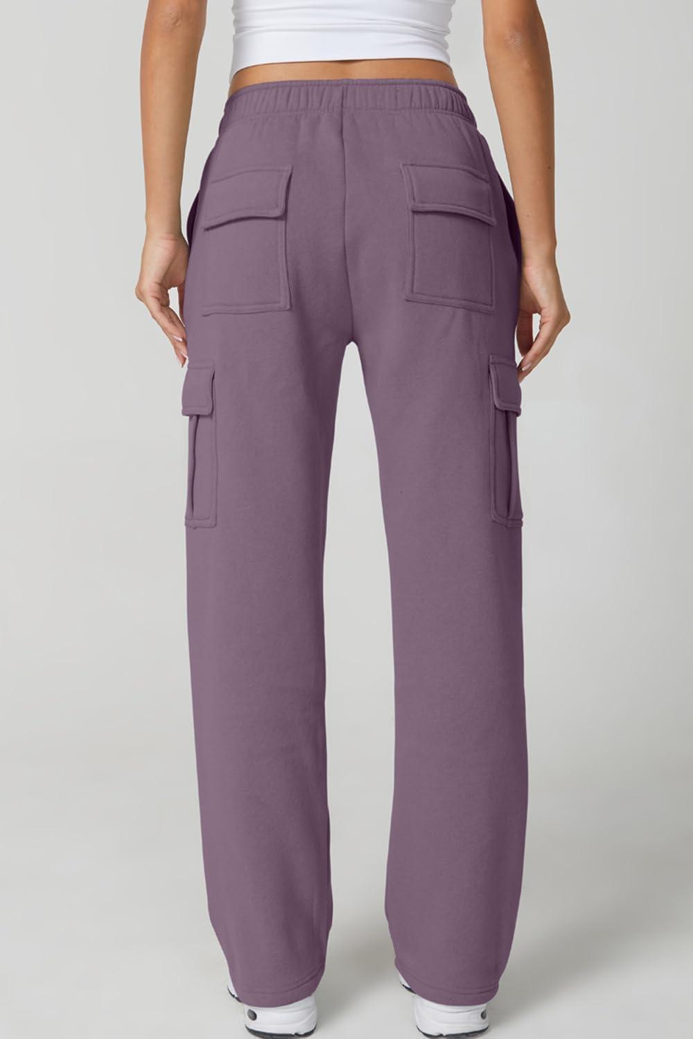 imageQINSEN Womens Medium Waist Baggy Elastic Waist Sweatpants Casual Fleece Long Pants with PocketsLavender