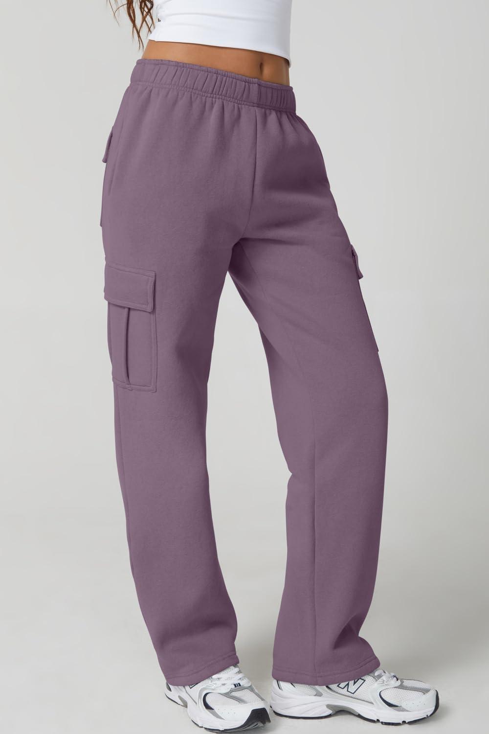 imageQINSEN Womens Medium Waist Baggy Elastic Waist Sweatpants Casual Fleece Long Pants with PocketsLavender