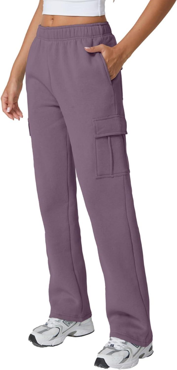 imageQINSEN Womens Medium Waist Baggy Elastic Waist Sweatpants Casual Fleece Long Pants with PocketsLavender