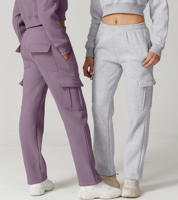 imageQINSEN Womens Medium Waist Baggy Elastic Waist Sweatpants Casual Fleece Long Pants with PocketsLavender