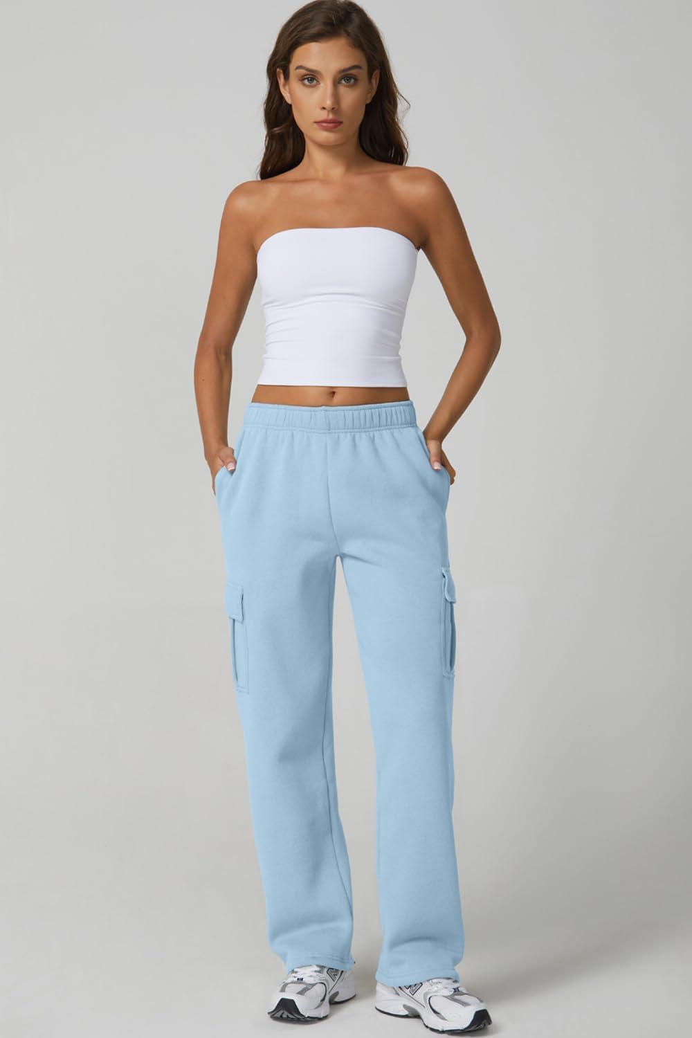 imageQINSEN Womens Medium Waist Baggy Elastic Waist Sweatpants Casual Fleece Long Pants with PocketsLight Blue
