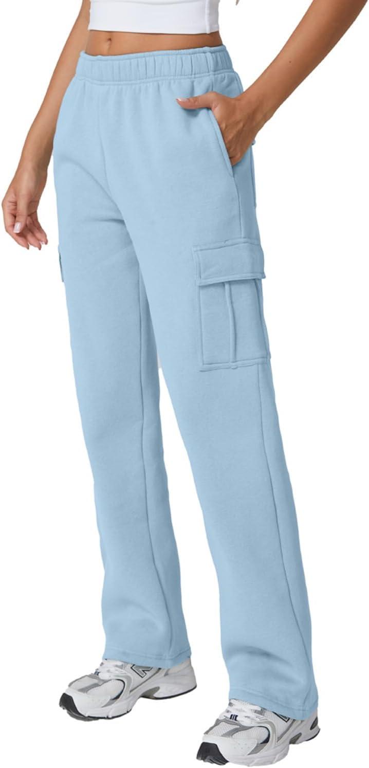 imageQINSEN Womens Medium Waist Baggy Elastic Waist Sweatpants Casual Fleece Long Pants with PocketsLight Blue