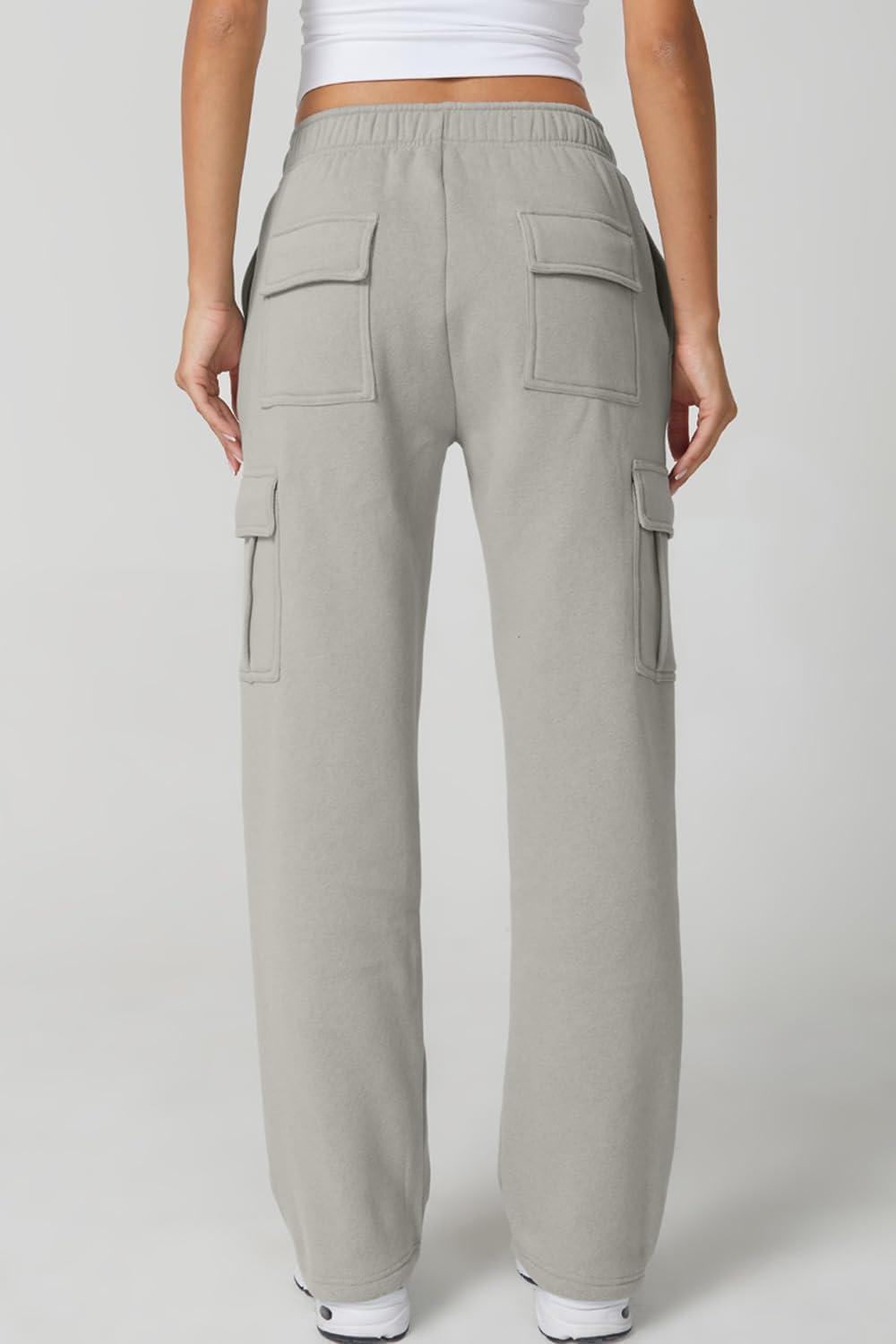 imageQINSEN Womens Medium Waist Baggy Elastic Waist Sweatpants Casual Fleece Long Pants with PocketsLight Grey