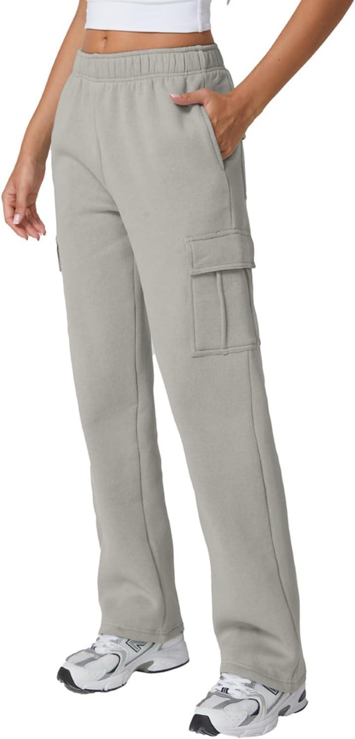 imageQINSEN Womens Medium Waist Baggy Elastic Waist Sweatpants Casual Fleece Long Pants with PocketsLight Grey
