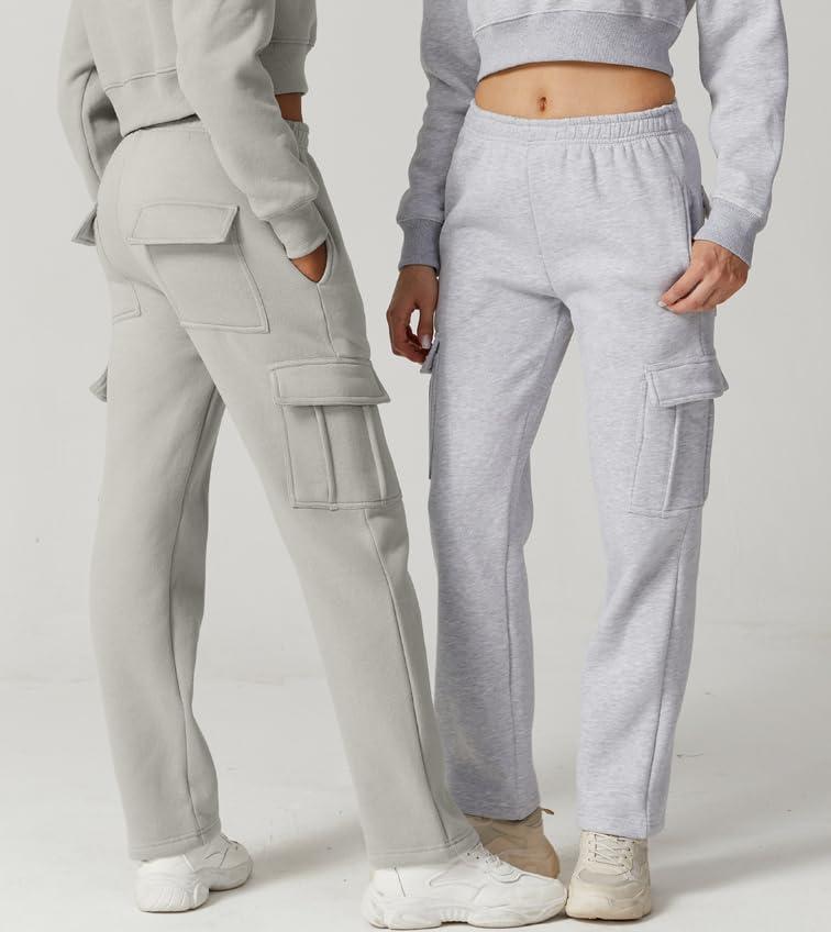 imageQINSEN Womens Medium Waist Baggy Elastic Waist Sweatpants Casual Fleece Long Pants with PocketsLight Grey