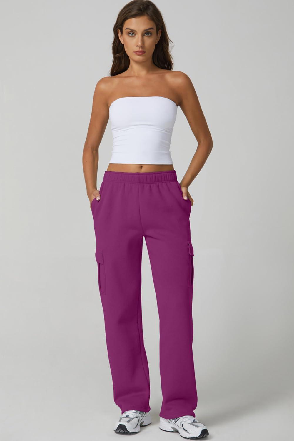 imageQINSEN Womens Medium Waist Baggy Elastic Waist Sweatpants Casual Fleece Long Pants with PocketsMagenta