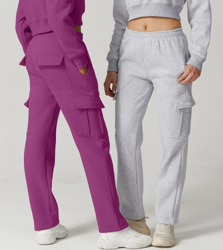 imageQINSEN Womens Medium Waist Baggy Elastic Waist Sweatpants Casual Fleece Long Pants with PocketsMagenta