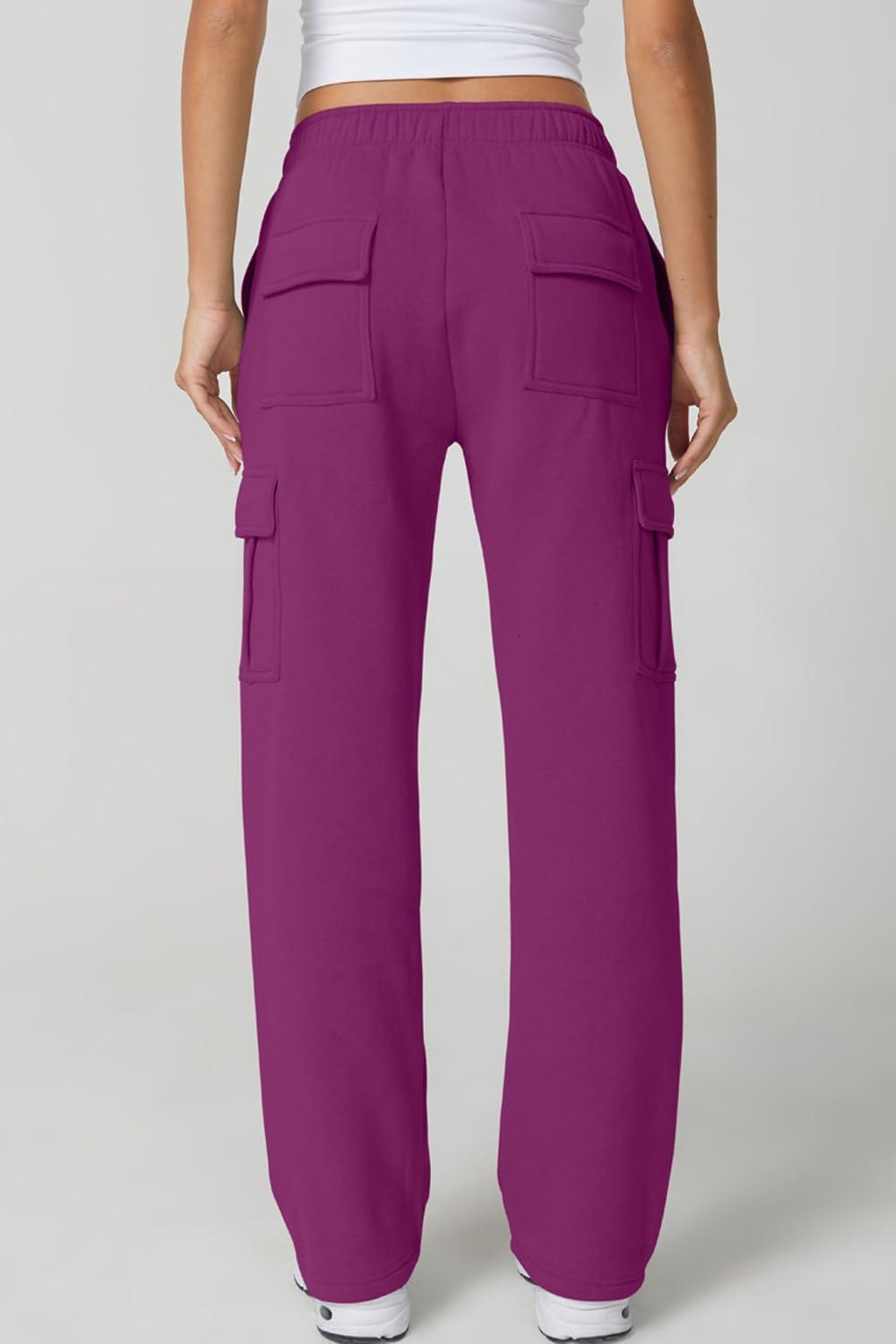 imageQINSEN Womens Medium Waist Baggy Elastic Waist Sweatpants Casual Fleece Long Pants with PocketsMagenta