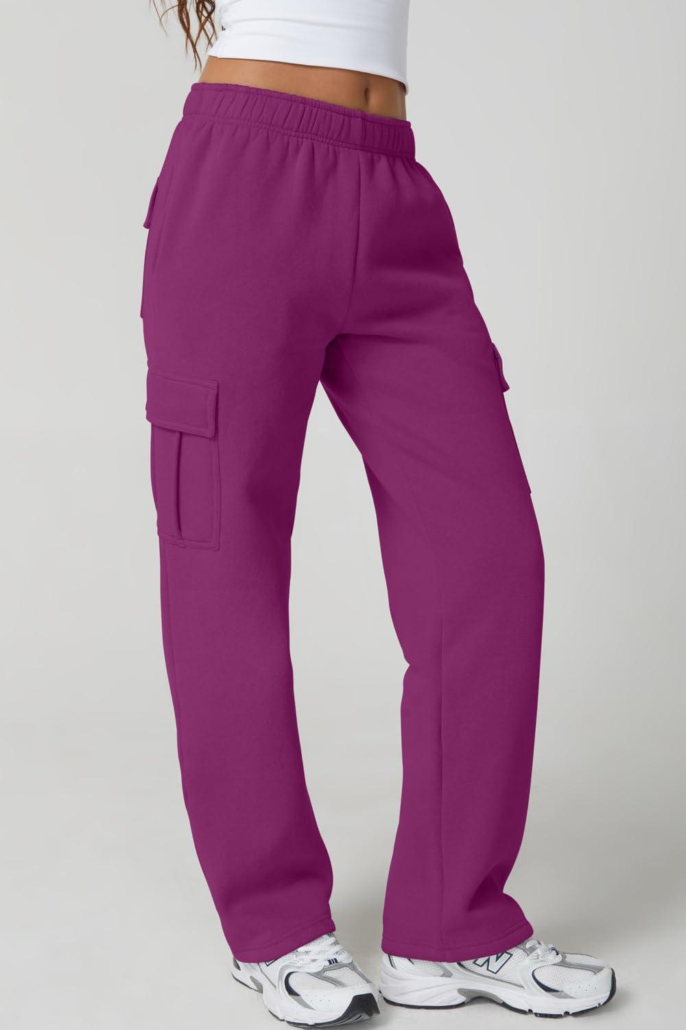 imageQINSEN Womens Medium Waist Baggy Elastic Waist Sweatpants Casual Fleece Long Pants with PocketsMagenta