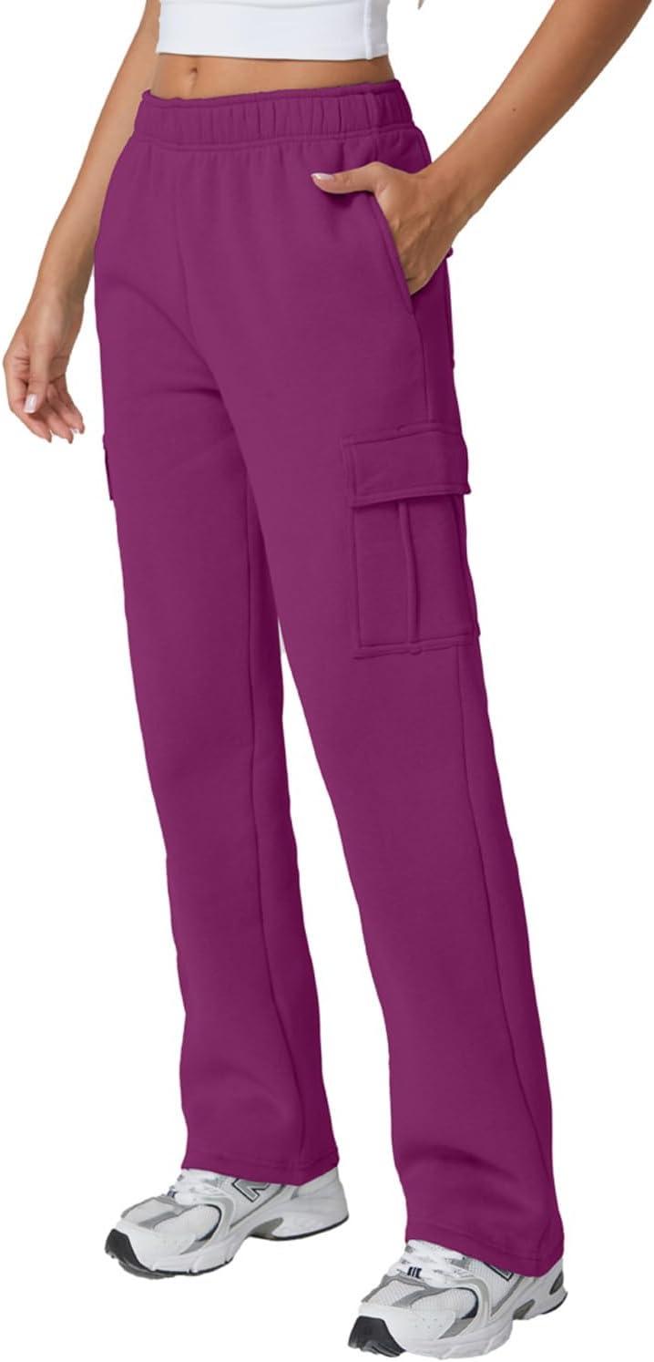 imageQINSEN Womens Medium Waist Baggy Elastic Waist Sweatpants Casual Fleece Long Pants with PocketsMagenta