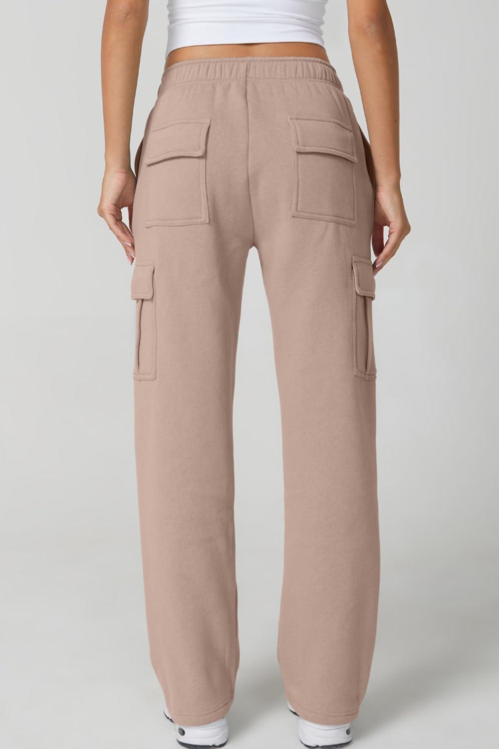 imageQINSEN Womens Medium Waist Baggy Elastic Waist Sweatpants Casual Fleece Long Pants with PocketsMushroom