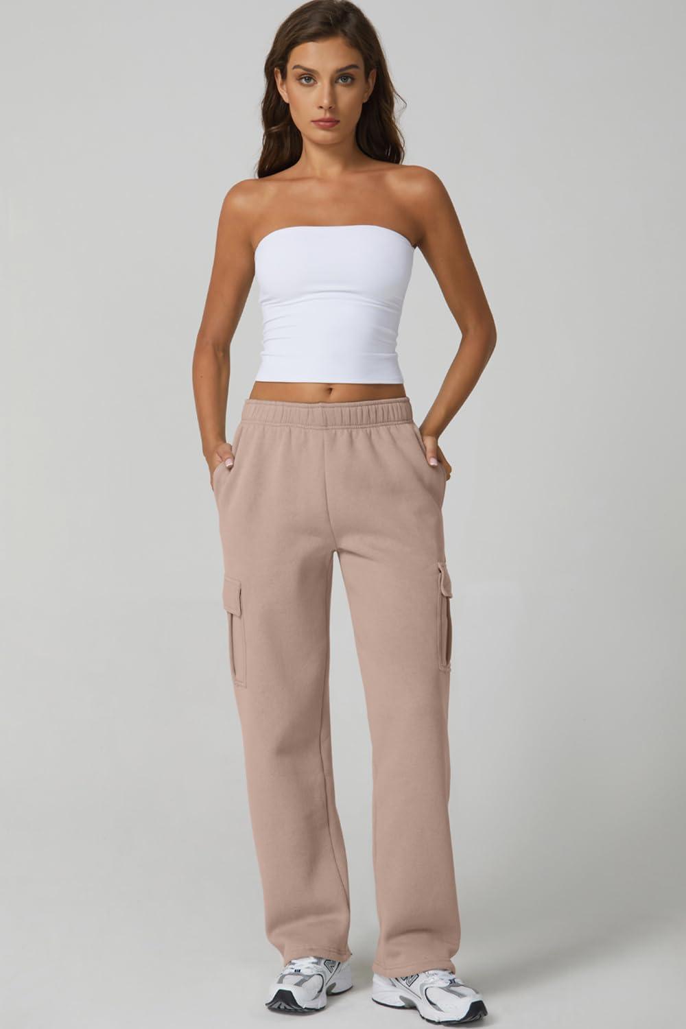 imageQINSEN Womens Medium Waist Baggy Elastic Waist Sweatpants Casual Fleece Long Pants with PocketsMushroom