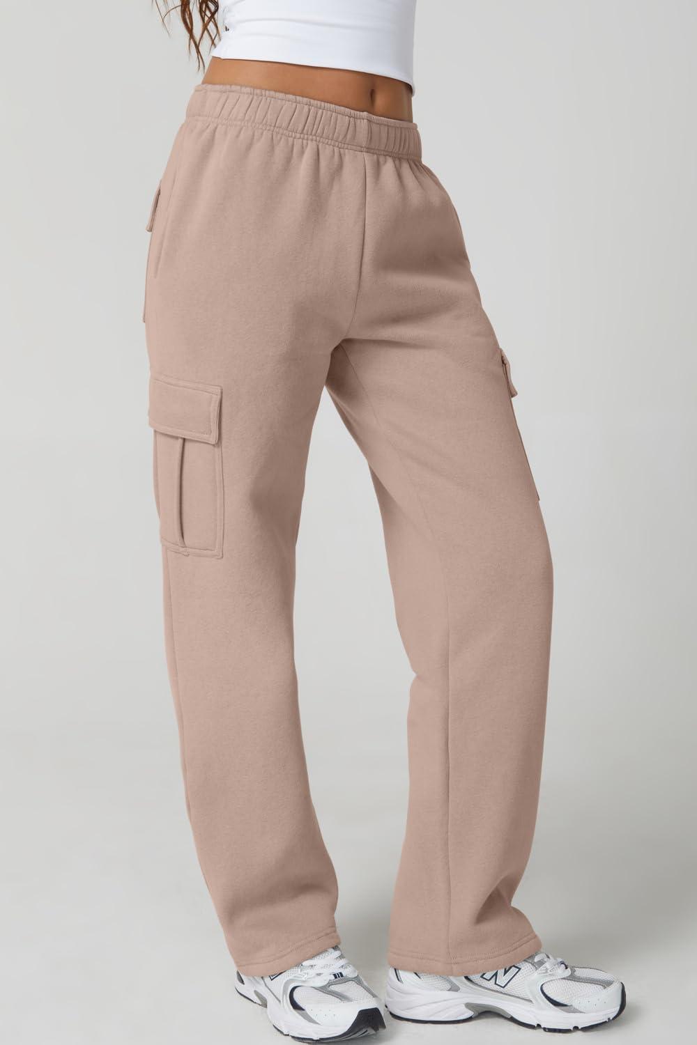 imageQINSEN Womens Medium Waist Baggy Elastic Waist Sweatpants Casual Fleece Long Pants with PocketsMushroom