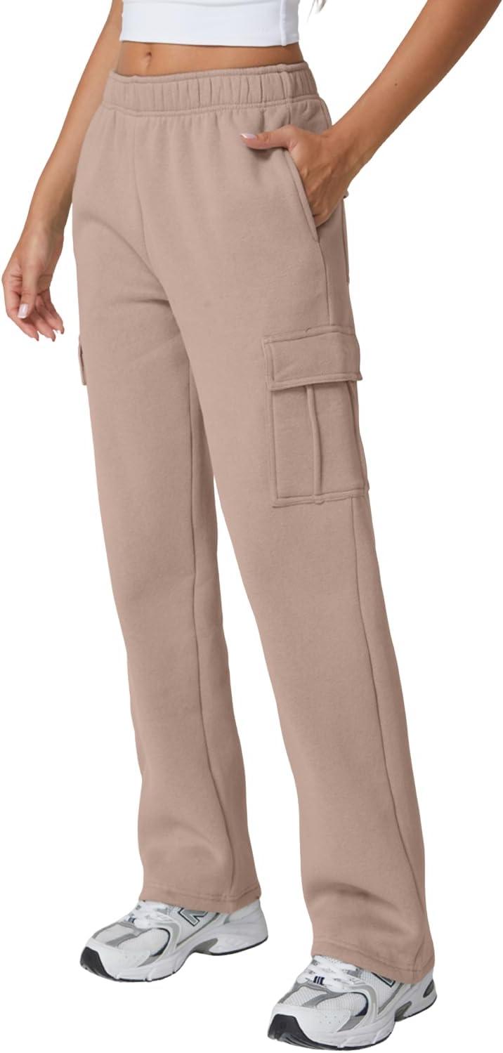 imageQINSEN Womens Medium Waist Baggy Elastic Waist Sweatpants Casual Fleece Long Pants with PocketsMushroom