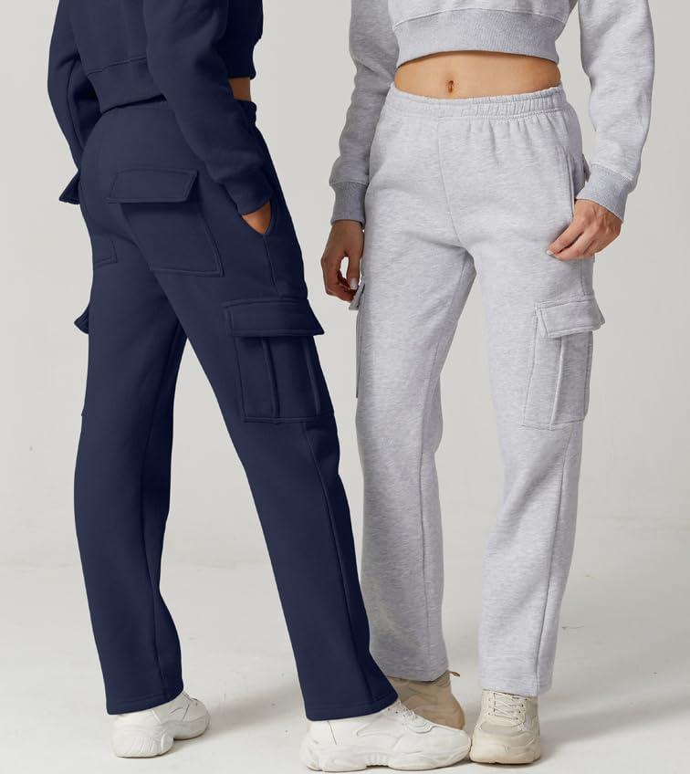 imageQINSEN Womens Medium Waist Baggy Elastic Waist Sweatpants Casual Fleece Long Pants with PocketsNavy