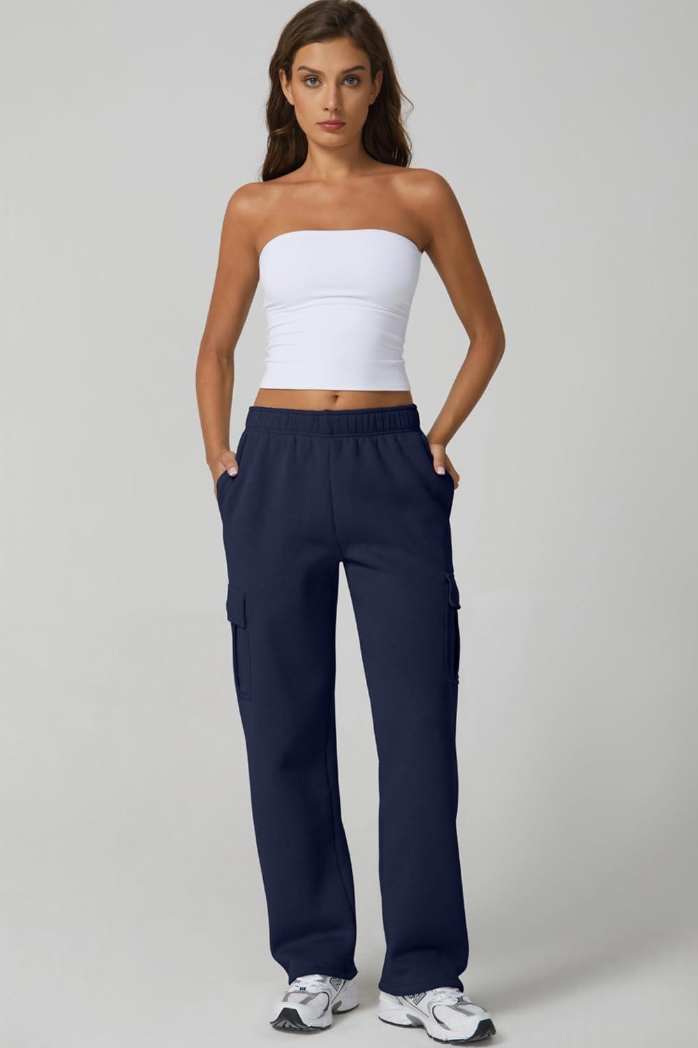 imageQINSEN Womens Medium Waist Baggy Elastic Waist Sweatpants Casual Fleece Long Pants with PocketsNavy