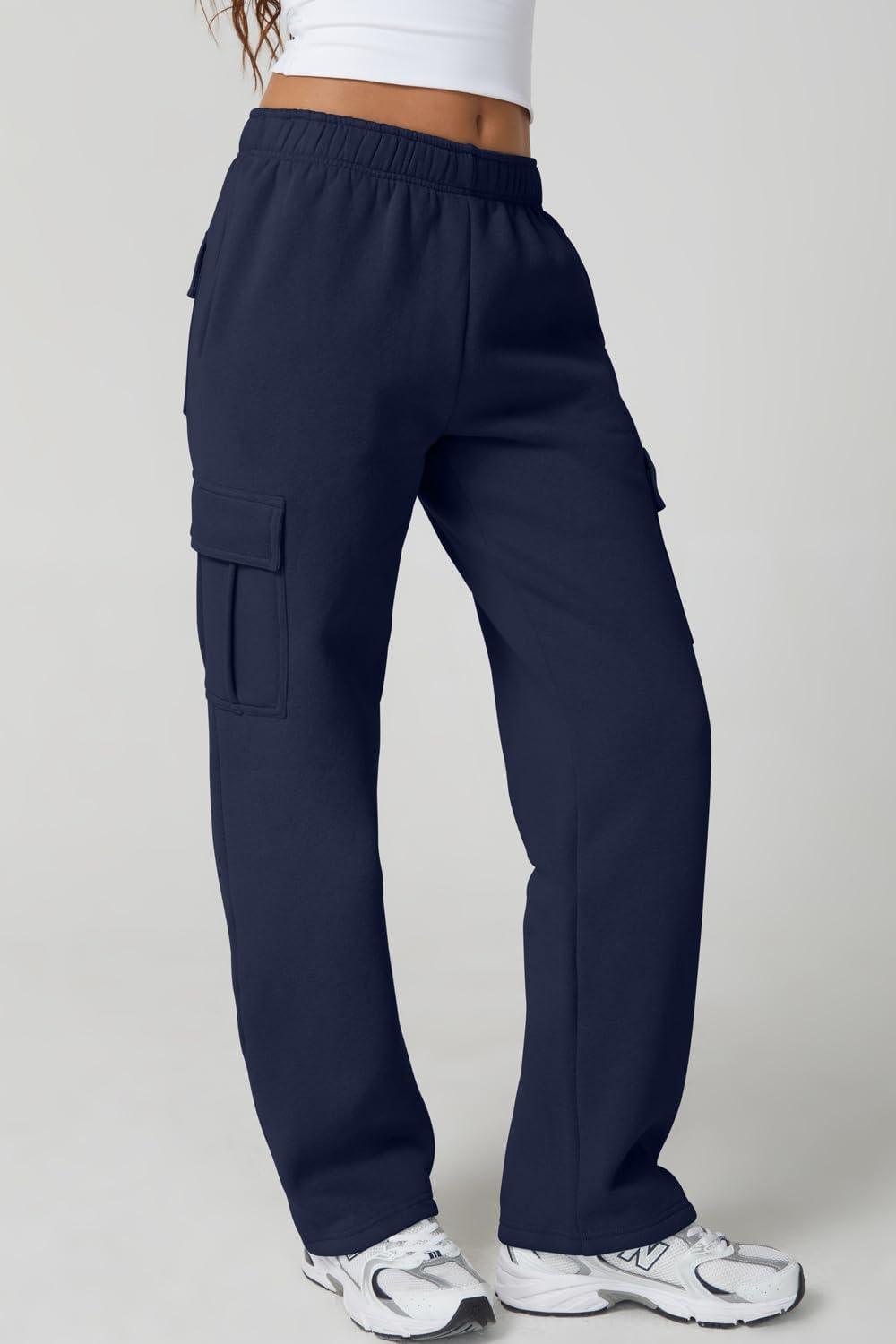 imageQINSEN Womens Medium Waist Baggy Elastic Waist Sweatpants Casual Fleece Long Pants with PocketsNavy