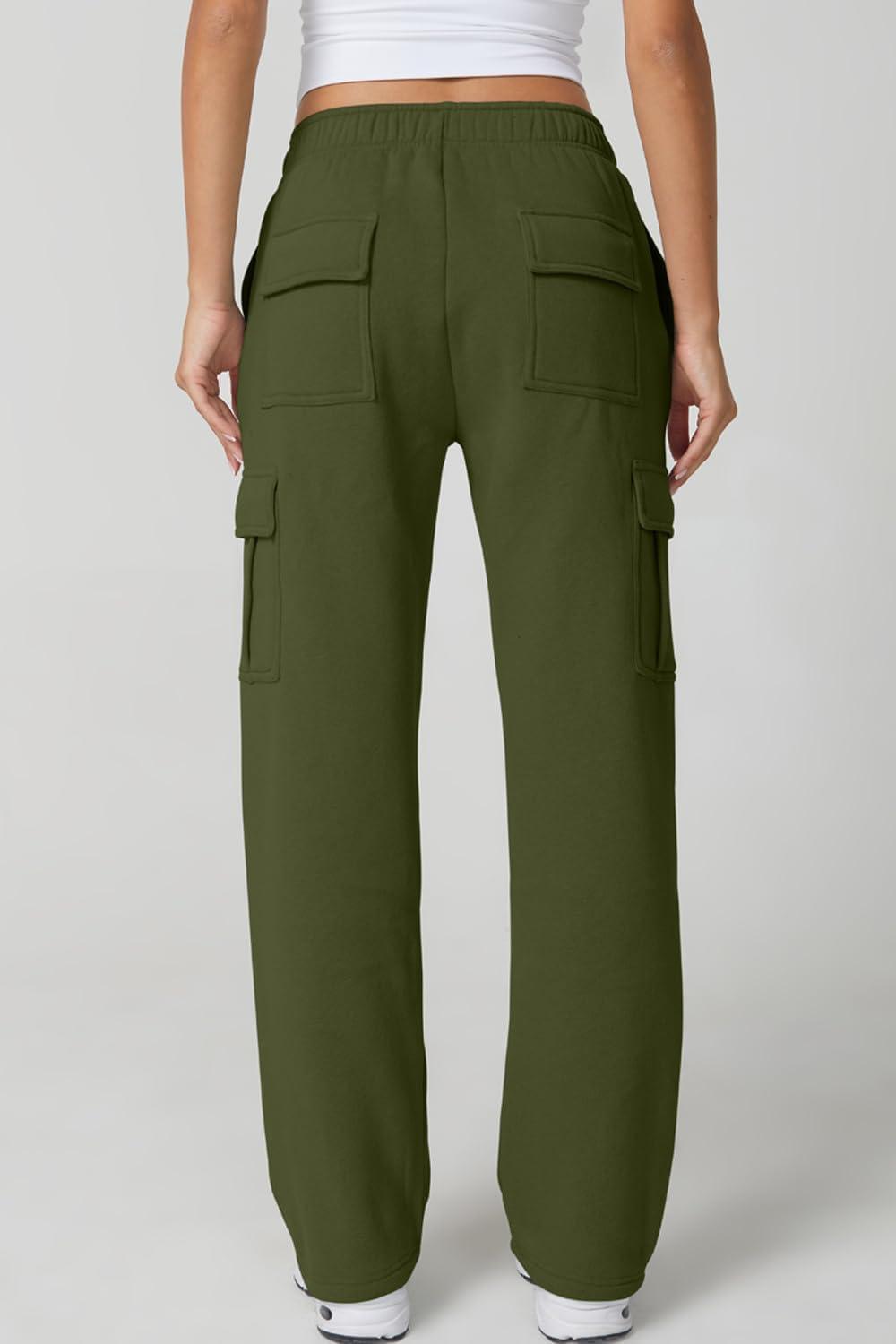 imageQINSEN Womens Medium Waist Baggy Elastic Waist Sweatpants Casual Fleece Long Pants with PocketsOlive Green