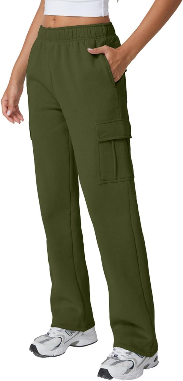 imageQINSEN Womens Medium Waist Baggy Elastic Waist Sweatpants Casual Fleece Long Pants with PocketsOlive Green