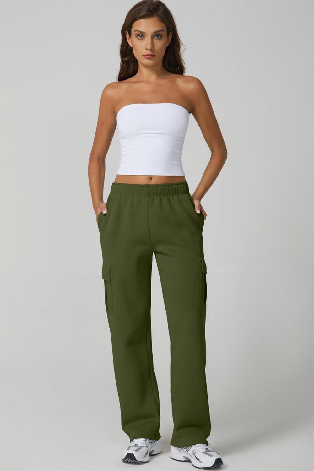 imageQINSEN Womens Medium Waist Baggy Elastic Waist Sweatpants Casual Fleece Long Pants with PocketsOlive Green