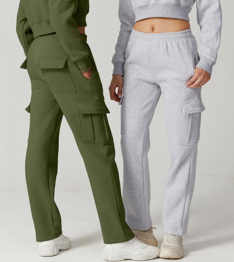 imageQINSEN Womens Medium Waist Baggy Elastic Waist Sweatpants Casual Fleece Long Pants with PocketsOlive Green