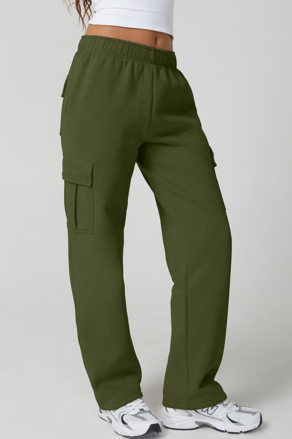imageQINSEN Womens Medium Waist Baggy Elastic Waist Sweatpants Casual Fleece Long Pants with PocketsOlive Green
