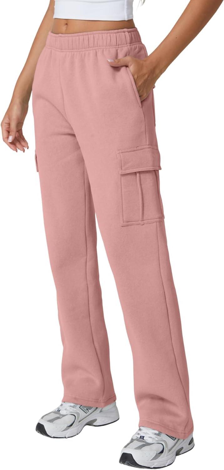 imageQINSEN Womens Medium Waist Baggy Elastic Waist Sweatpants Casual Fleece Long Pants with PocketsPeachskin