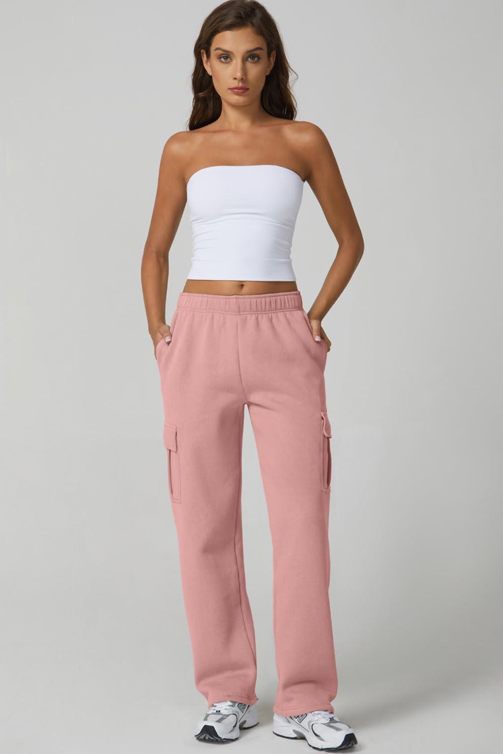 imageQINSEN Womens Medium Waist Baggy Elastic Waist Sweatpants Casual Fleece Long Pants with PocketsPeachskin