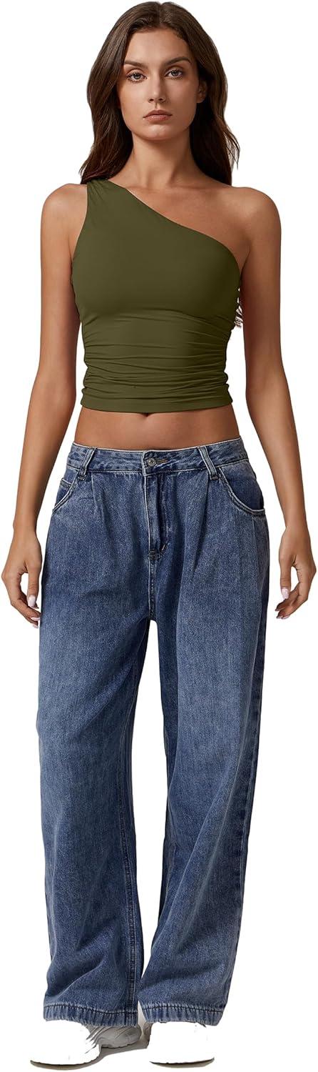 imageQINSEN Womens One Shoulder Tank Tops Double Lined Sleeveless Slim Fit Cropped Tee Shirt Y2k TopsArmy Green