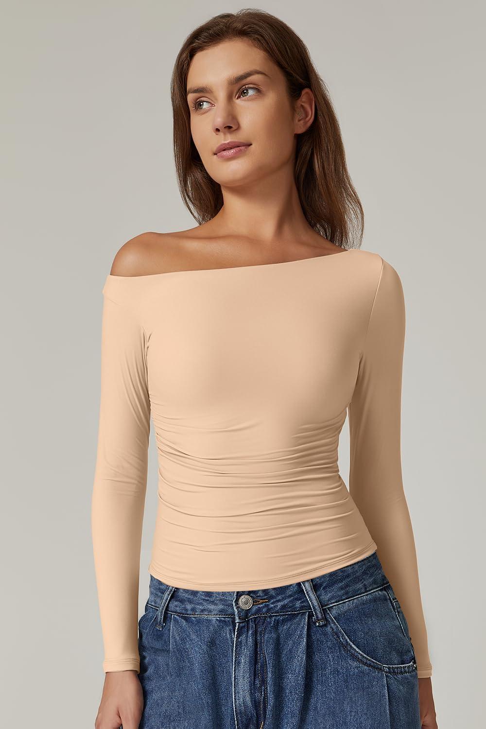 imageQINSEN Womens Sexy Off Shoulder Shirt Long Sleeve Double Lined Tops Side Ruched Fitted TeesMarzipan