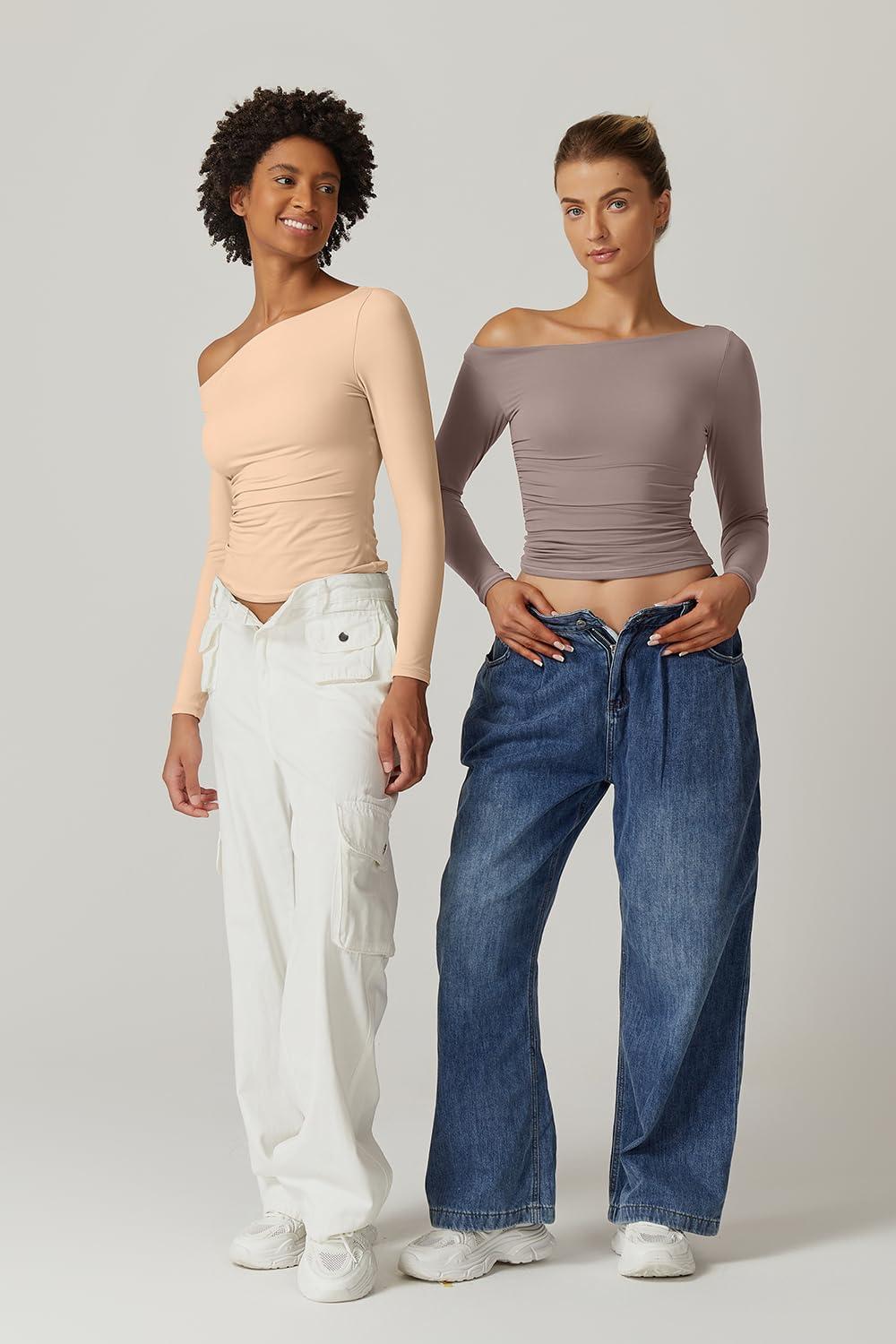 imageQINSEN Womens Sexy Off Shoulder Shirt Long Sleeve Double Lined Tops Side Ruched Fitted TeesMarzipan
