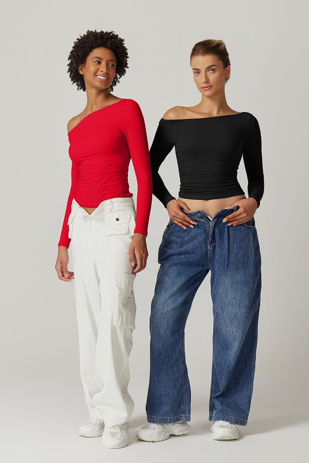 imageQINSEN Womens Sexy Off Shoulder Shirt Long Sleeve Double Lined Tops Side Ruched Fitted TeesRed