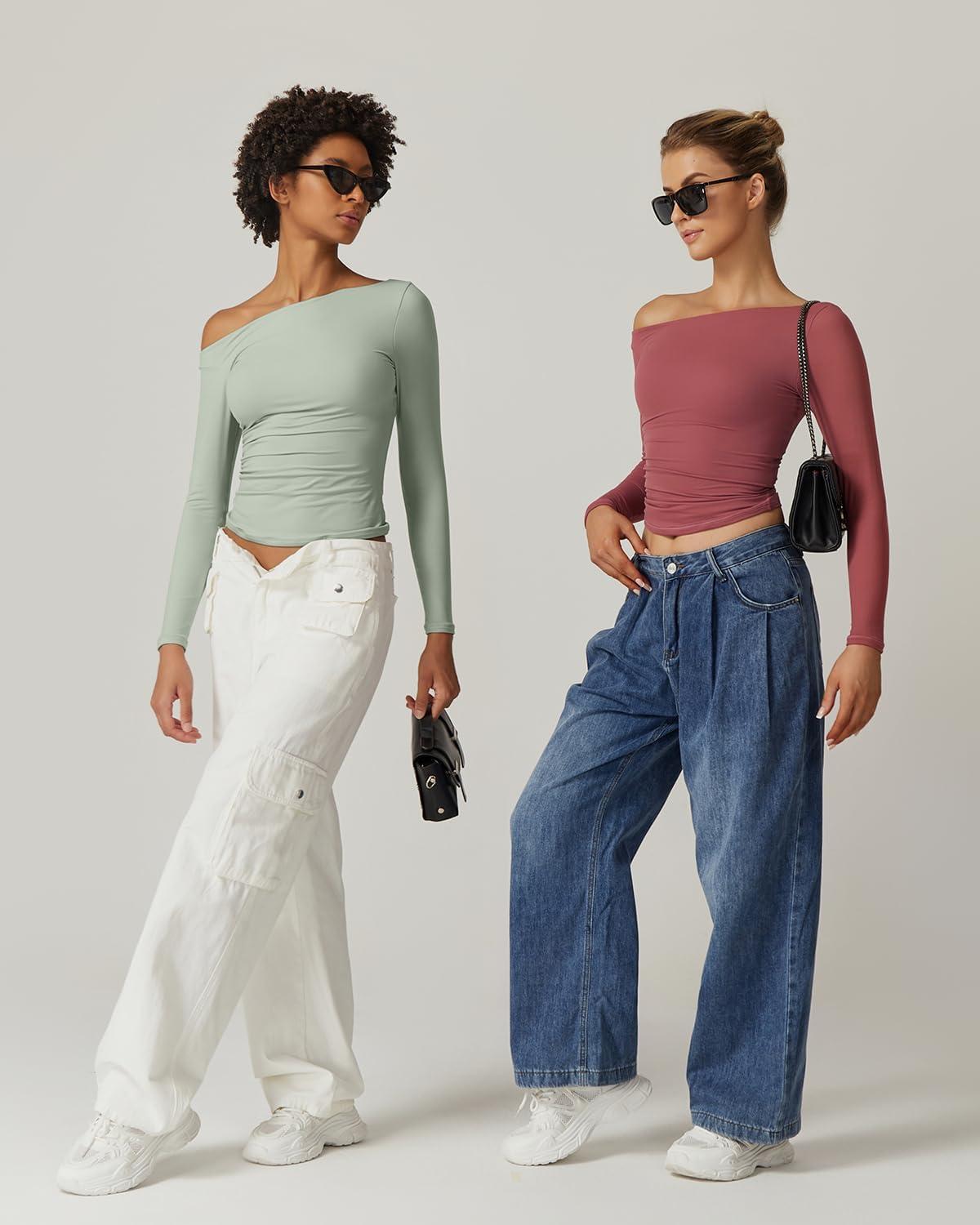 imageQINSEN Womens Sexy Off Shoulder Shirt Long Sleeve Double Lined Tops Side Ruched Fitted TeesSmoke Green