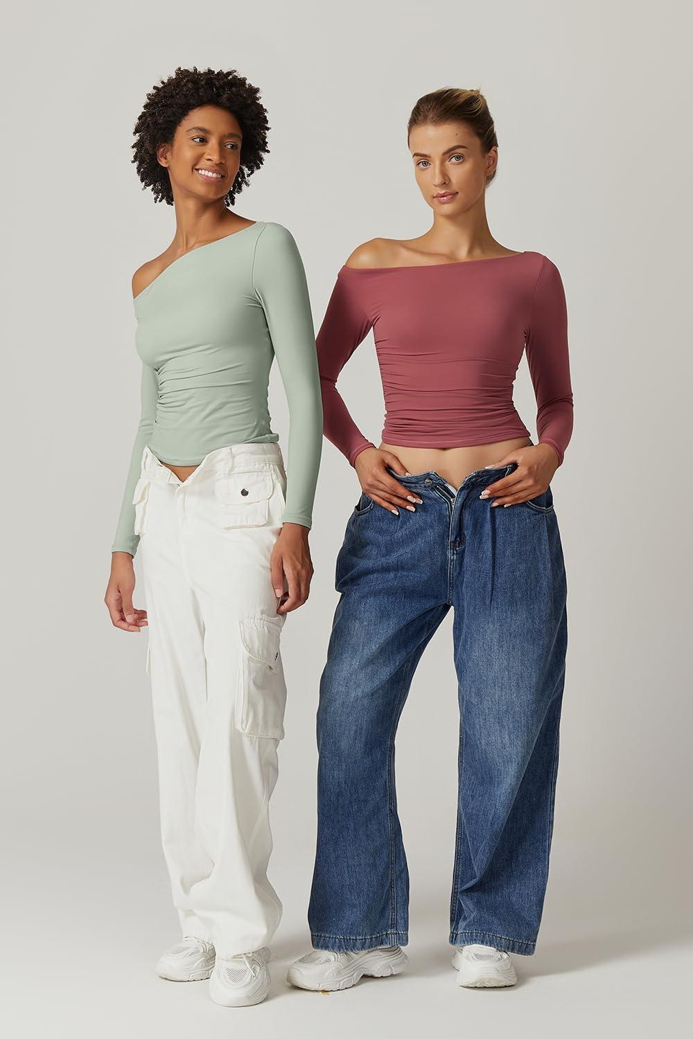 imageQINSEN Womens Sexy Off Shoulder Shirt Long Sleeve Double Lined Tops Side Ruched Fitted TeesSmoke Green