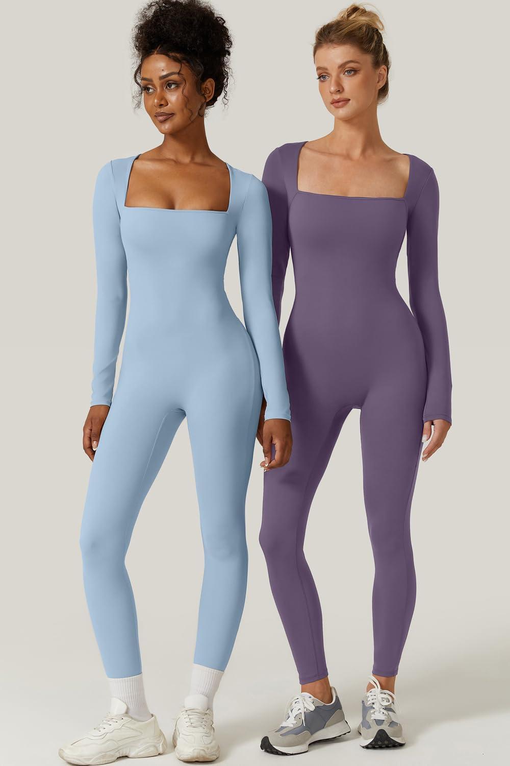 imageQINSEN Womens Sexy Square Neck Long Sleeve Full Length Leggings Bodycon Stretch JumpsuitPurple