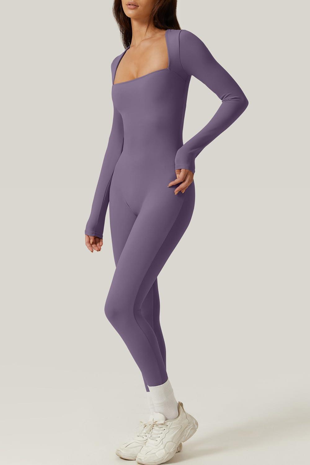 imageQINSEN Womens Sexy Square Neck Long Sleeve Full Length Leggings Bodycon Stretch JumpsuitPurple
