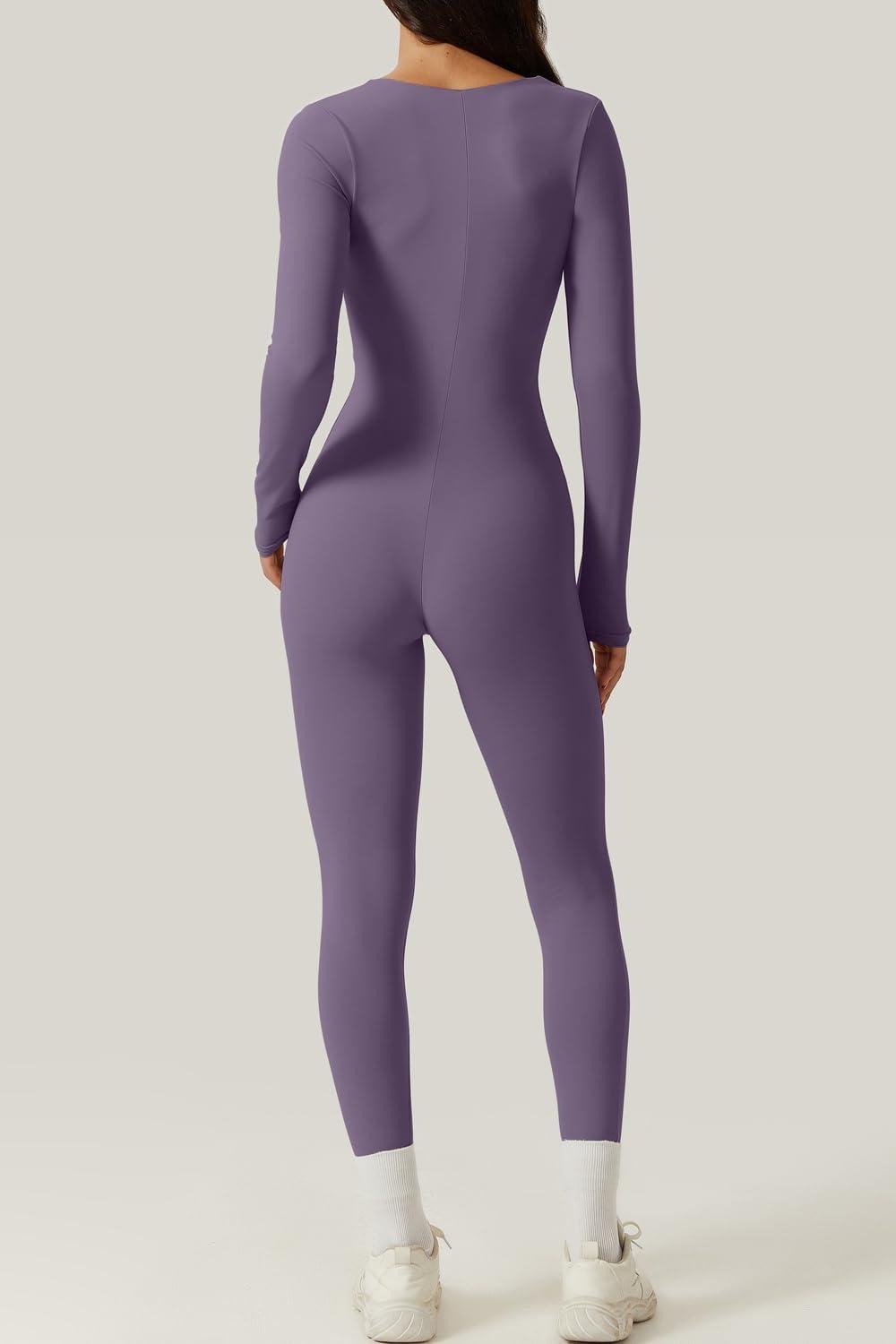 imageQINSEN Womens Sexy Square Neck Long Sleeve Full Length Leggings Bodycon Stretch JumpsuitPurple