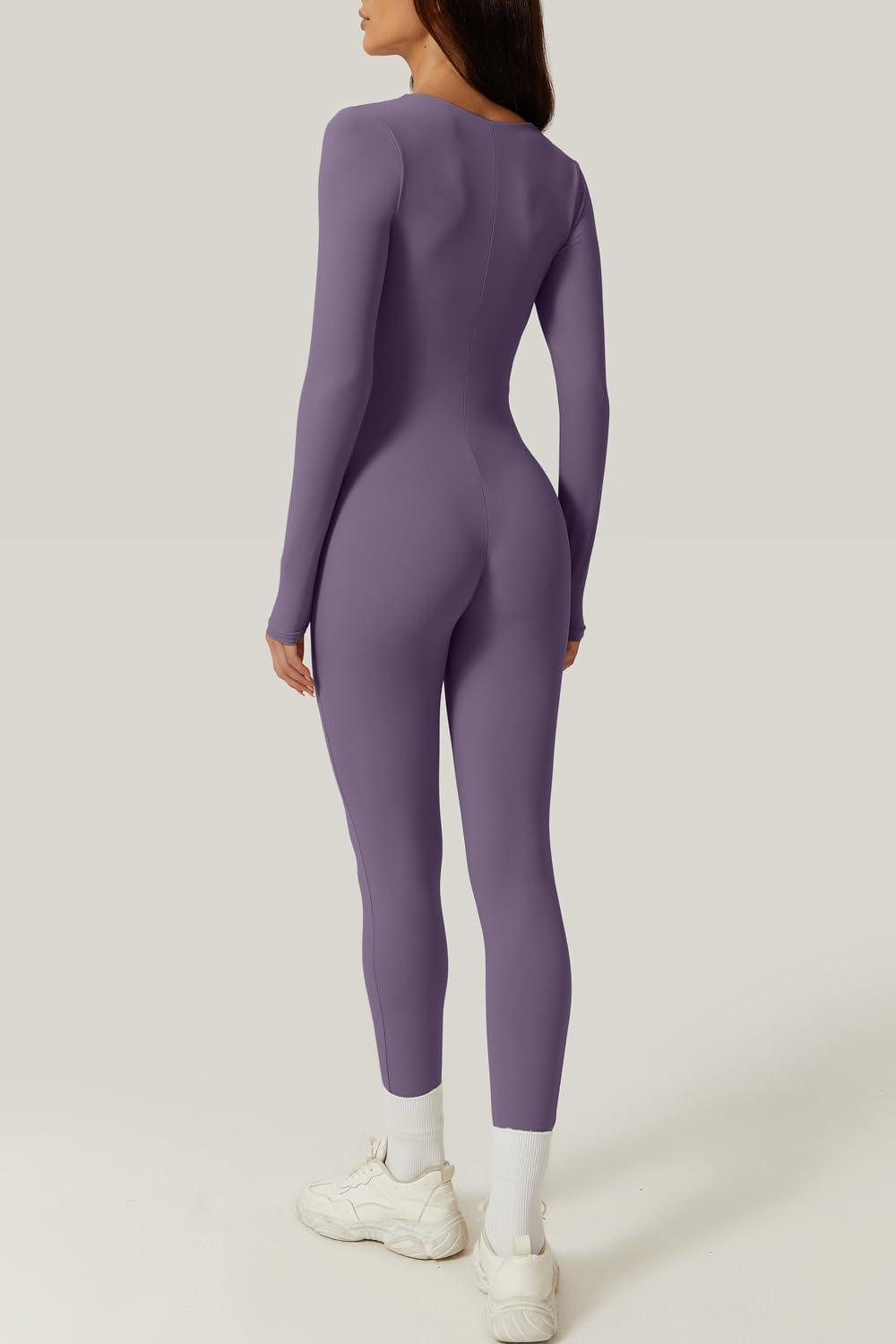 imageQINSEN Womens Sexy Square Neck Long Sleeve Full Length Leggings Bodycon Stretch JumpsuitPurple