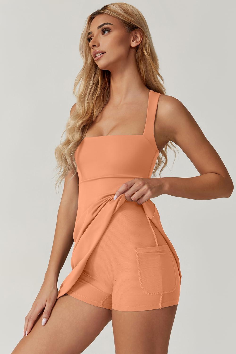 imageQINSEN Womens Square Neck Tennis Dress Sleeveless Built in Shorts Golf Athletic Dress with PocketsCantaloupe