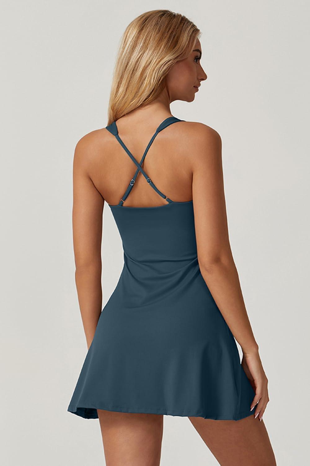imageQINSEN Womens Square Neck Tennis Dress Sleeveless Built in Shorts Golf Athletic Dress with PocketsDark Blue
